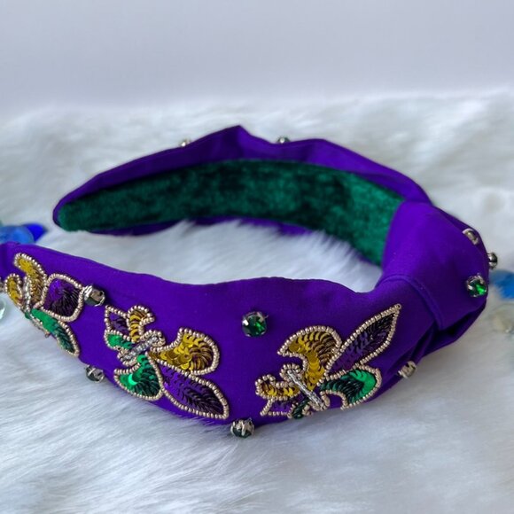 Fleur-de-lis Beaded Knotted Headband NOLA Carnival Style - Picture 3 of 5
